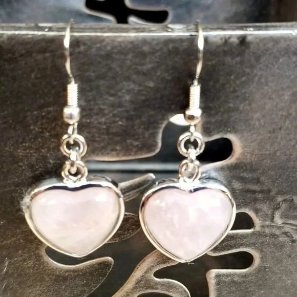Handcrafted Rose Quartz Heart Gemstone Pendant Dangle Earrings - Picture 1 of 7